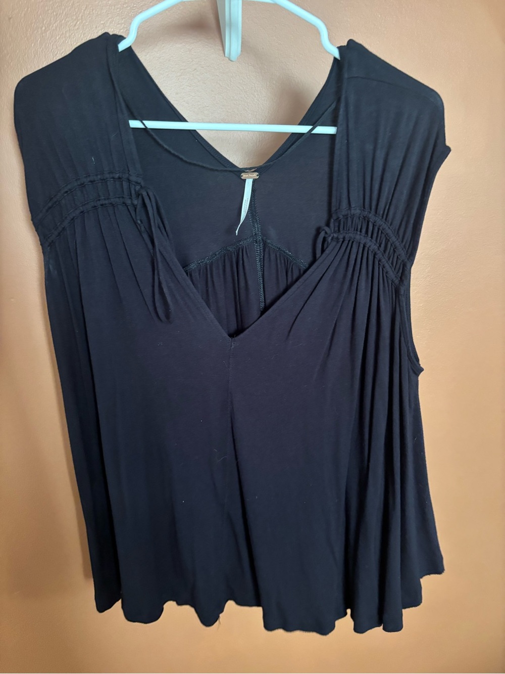 Free People Black V-Neck Gathered Blouse